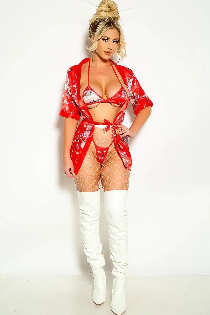 Sexy Red Kimono Floral Print Robe Bra Set 3 Pc Exotic Costume