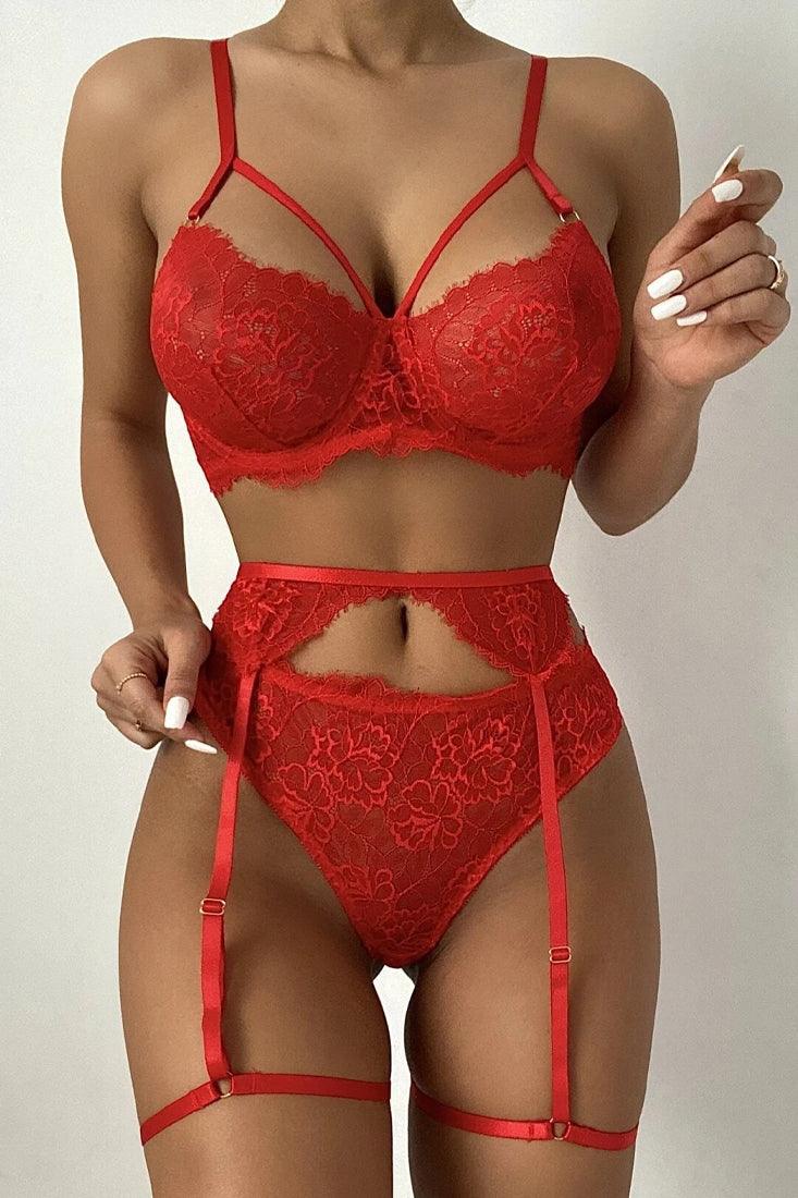 Sexy Red Lace Cut Out Strappy 3 Pc Lingerie Set - AMIClubwear