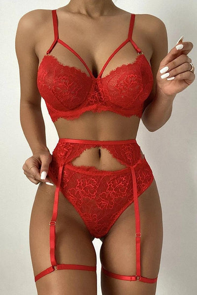Sexy Red Lace Garter Lingerie Set - AMIClubwear