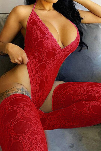 Sexy Red Lace Lingerie Bodysuit With Leggings - AMIClubwear