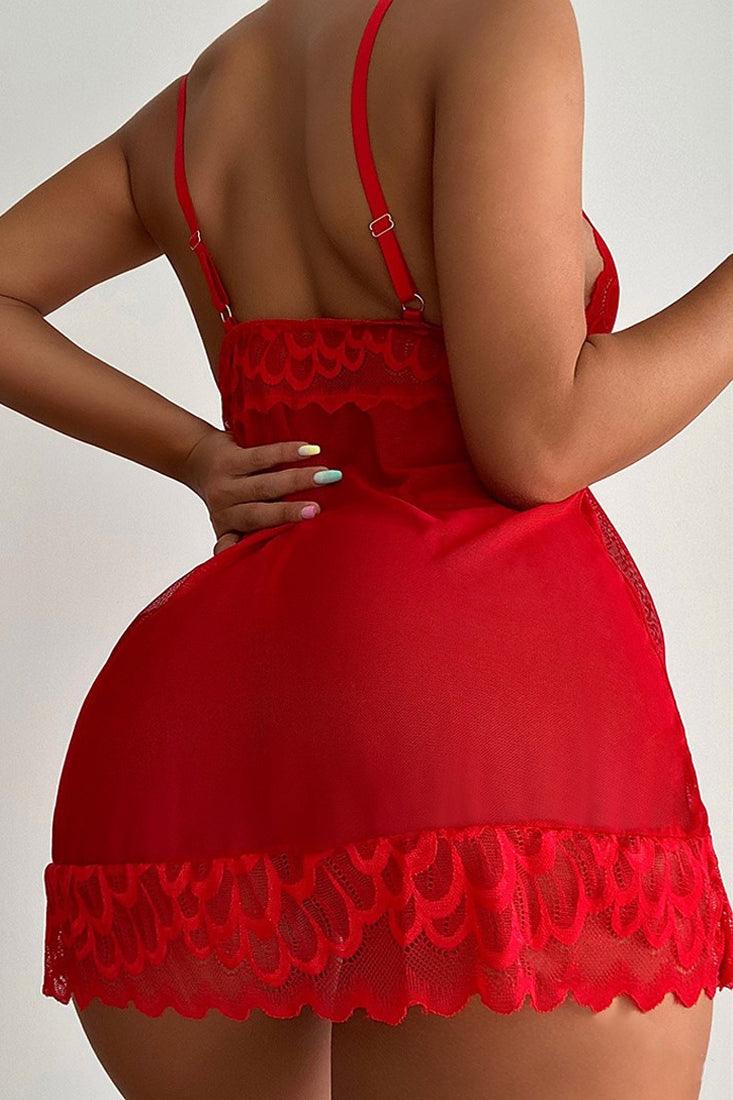 Sexy Red Lace Mesh V-Cut Lingerie Slip Dress - AMIClubwear