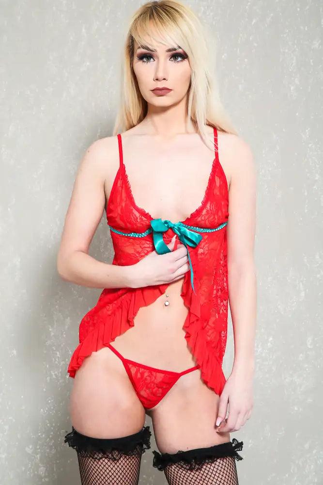 Sexy Red Lace Two Piece Baby Doll Lingerie Set - AMIClubwear