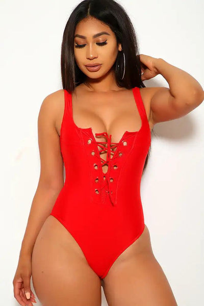 Sexy Red Lace Up Grommet Low Cut Back One Piece Swimsuit - AMIClubwear