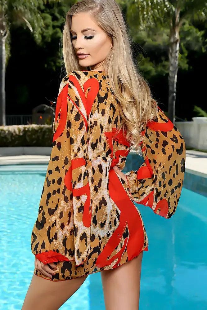 Sexy Red Leopard Print Long Sleeve Flared Swimsuit Cover Up Kimono - AMIClubwear