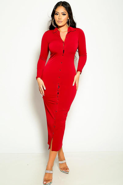 Sexy Red Long Sleeve Button Up Maxi Dress - AMIClubwear