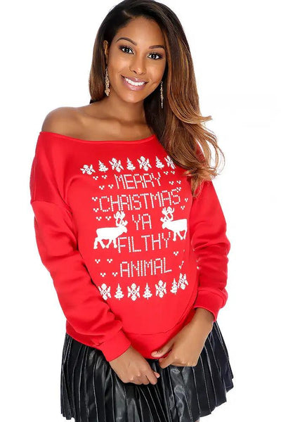 Sexy Red Merry Christmas Ya Filthy Animal" Long Sleeve Sweater" - AMIClubwear