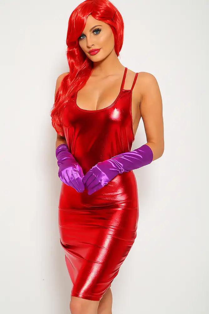 Sexy Red Metallic Strappy Two Piece Jessica Costume Set - AMIClubwear