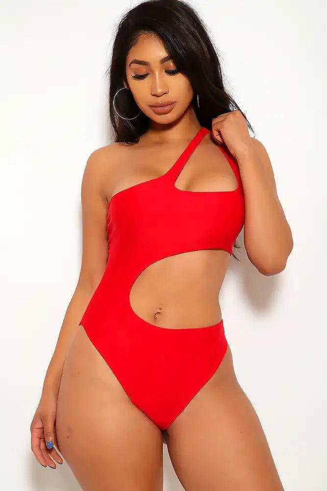 Sexy Red One Shoulder Cut Out Monokini - AMIClubwear
