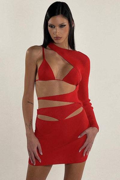 Sexy Red One Sleeve Racer Cut Party Dress - AMIClubwear