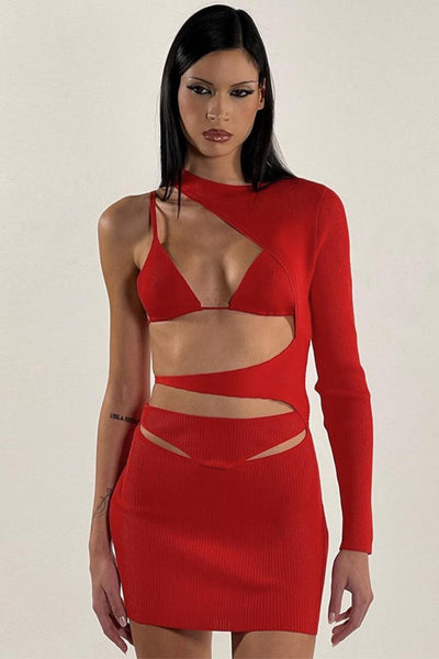 Sexy Red One Sleeve Racer Cut Party Dress - AMIClubwear