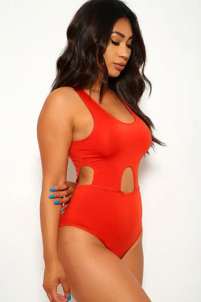 Sexy Red Orange Paneled Cut Out One Piece Swimsuit - AMIClubwear