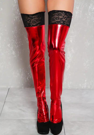 Sexy Red Patent Lace Thigh High Costume Socks - AMIClubwear