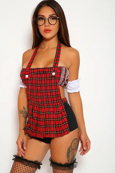 Sexy Red Plaid Suspenders 3 Pc. Adult School Girl Costume - AMIClubwear