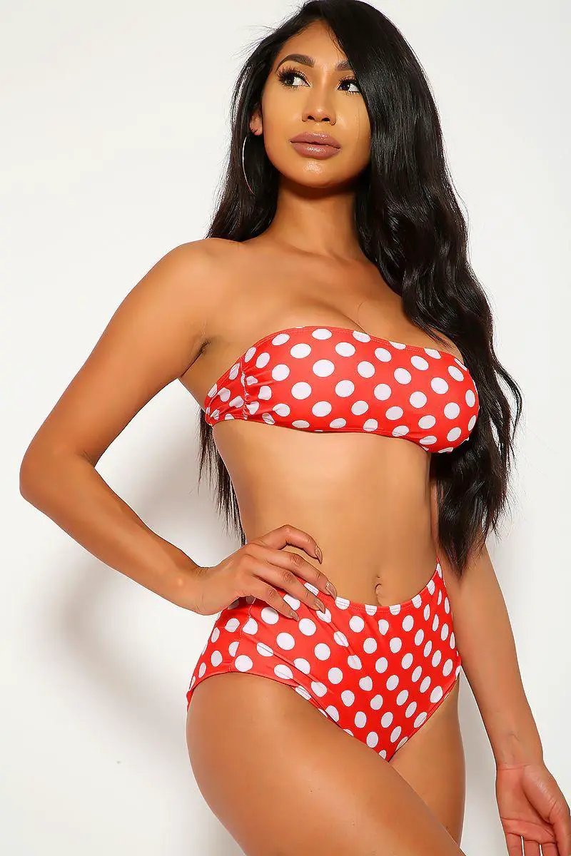 Sexy Red Polka Dot Bandeau High Waist Two Piece Swimsuit