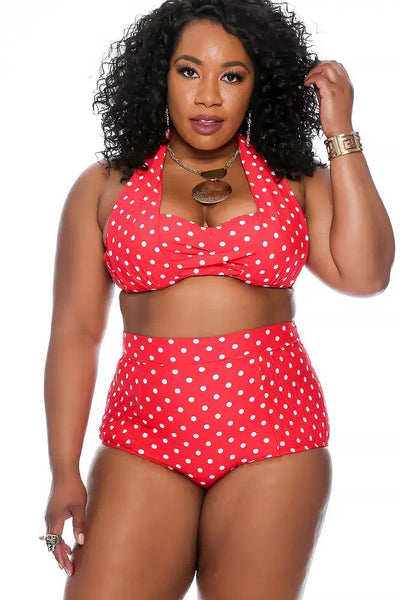 Sexy Red Polka Dot Push Up High Waist Plus Size Two Piece Swimsuit - AMIClubwear