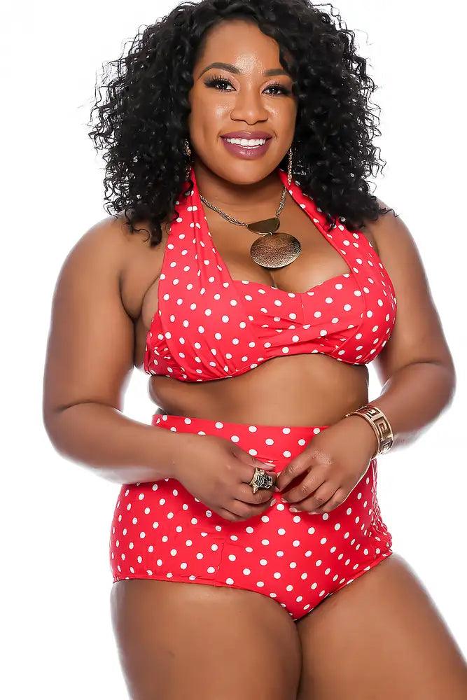 Sexy Red Polka Dot Push Up High Waist Plus Size Two Piece Swimsuit - AMIClubwear