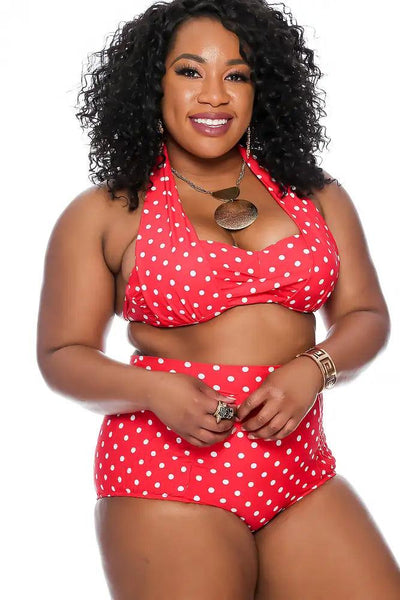 Sexy Red Polka Dot Push Up High Waist Plus Size Two Piece Swimsuit - AMIClubwear