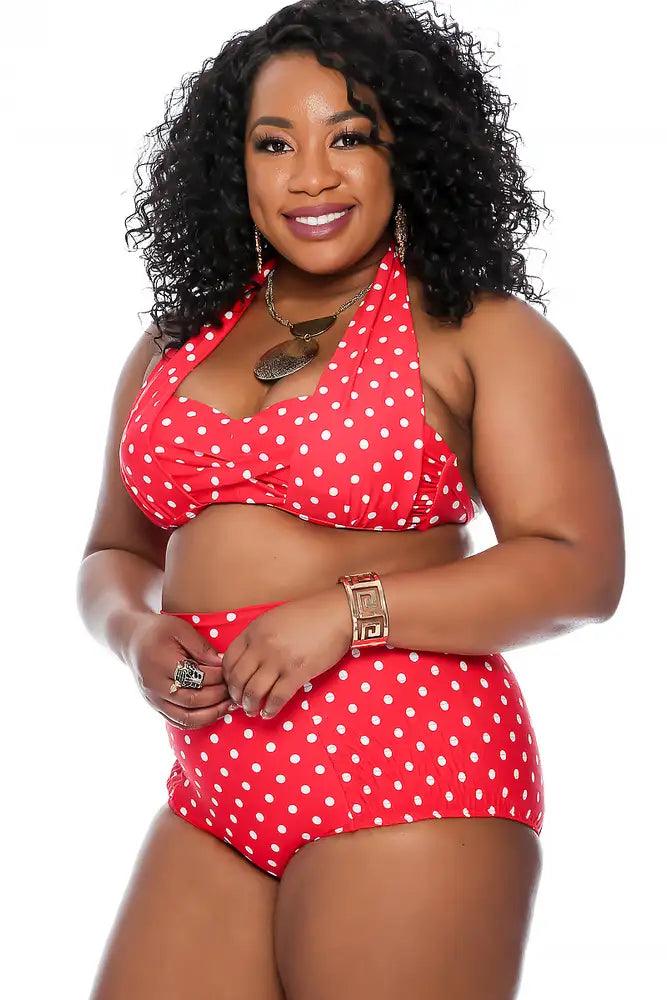 Sexy Red Polka Dot Push Up High Waist Plus Size Two Piece Swimsuit - AMIClubwear