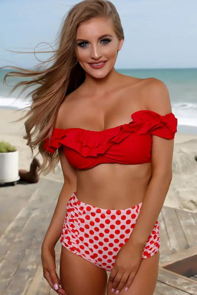Sexy Red Polka Dot Ruched Off The Shoulder High Waist Two Piece Swimsuit - AMIClubwear