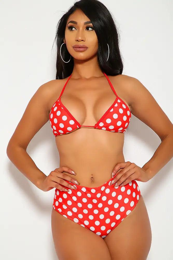 Sexy Red Polka Dot Triangle High Waisted Two Piece Swimsuit - AMIClubwear