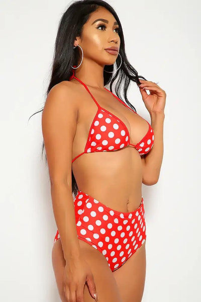 Sexy Red Polka Dot Triangle High Waisted Two Piece Swimsuit - AMIClubwear