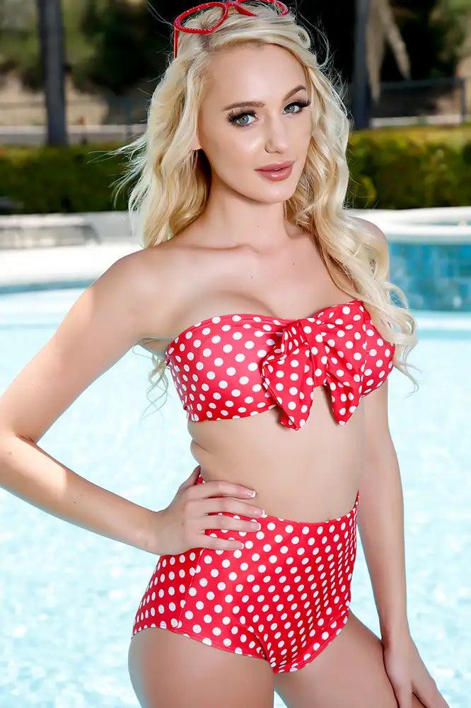 Sexy Red Polka Dotted Bandeau Bow High Waisted Swimsuit Set - AMIClubwear