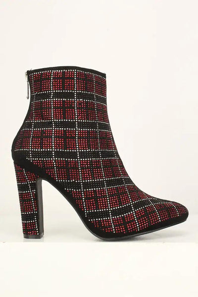 Sexy Red Rhinestone Plaid Chunky High Heels Booties Faux Suede - AMIClubwear