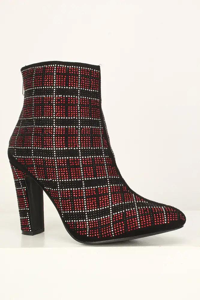 Sexy Red Rhinestone Plaid Chunky High Heels Booties Faux Suede - AMIClubwear