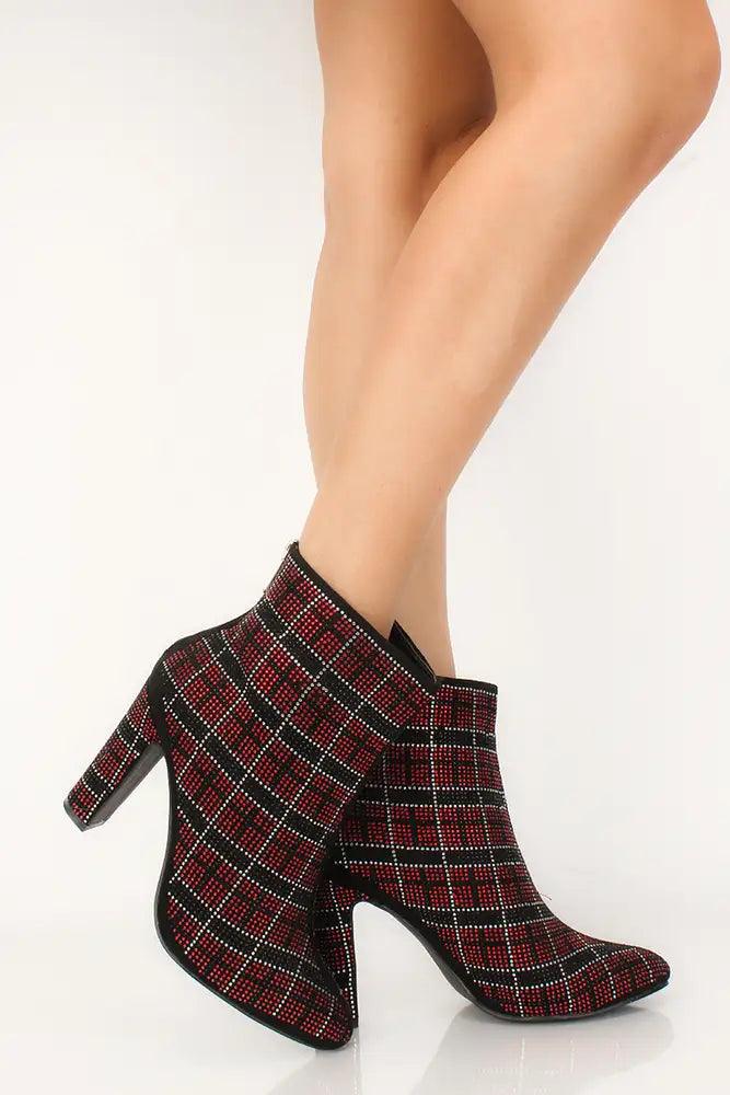 Sexy Red Rhinestone Plaid Chunky High Heels Booties Faux Suede - AMIClubwear