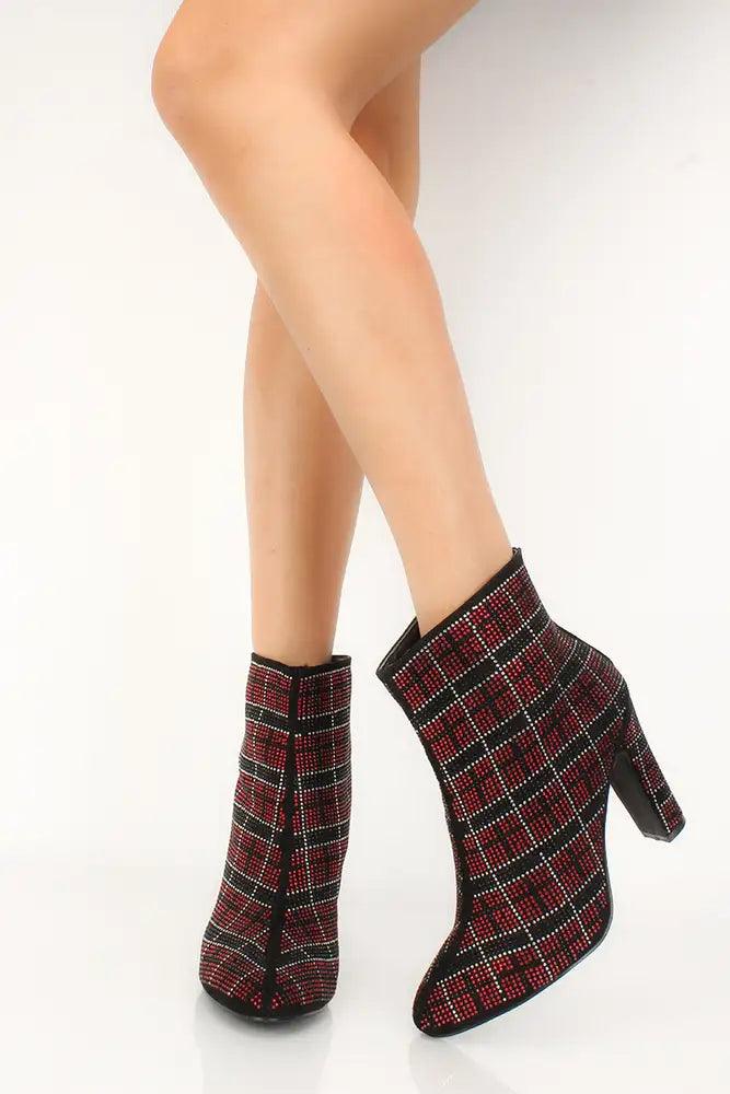 Sexy Red Rhinestone Plaid Chunky High Heels Booties Faux Suede - AMIClubwear