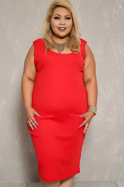 Sexy Red Ribbed Knee Length Sleeveless Plus Size Casual Dress - AMIClubwear