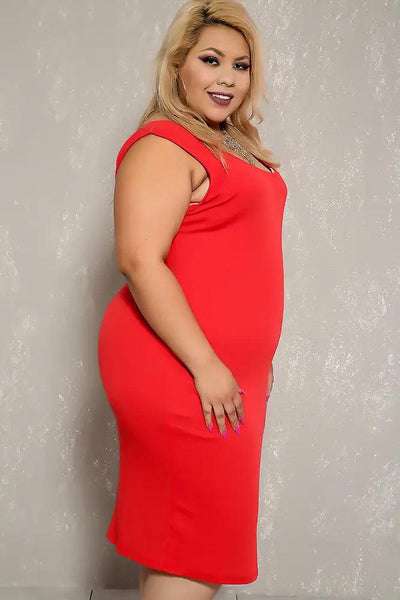 Sexy Red Ribbed Knee Length Sleeveless Plus Size Casual Dress - AMIClubwear