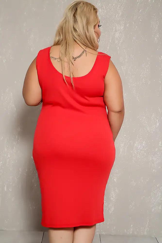 Sexy Red Ribbed Knee Length Sleeveless Plus Size Casual Dress - AMIClubwear