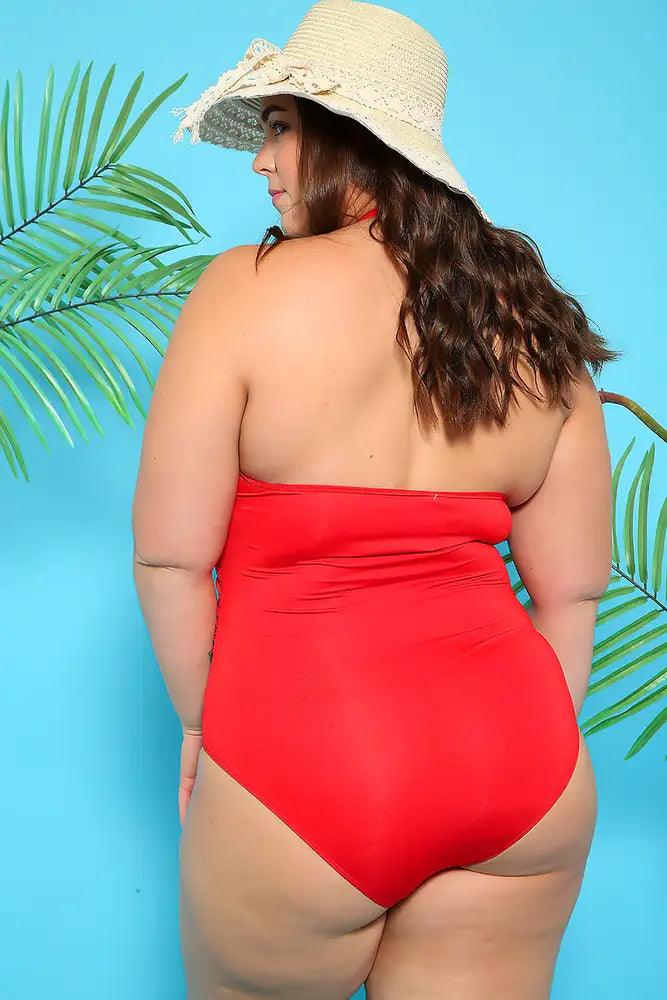 Sexy Red Ruched Halter Plus Size One Piece Swimsuit - AMIClubwear