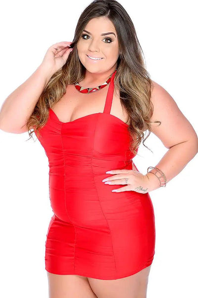 Sexy Red Ruched One Piece Halter Plus Size Swimsuit - AMIClubwear