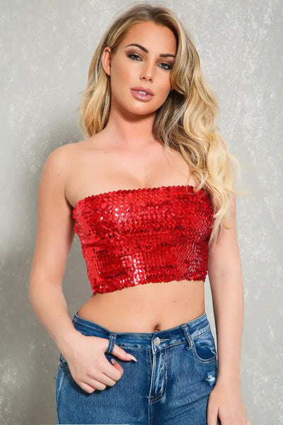 Sexy Red Sequin Bandeau Top - AMIClubwear