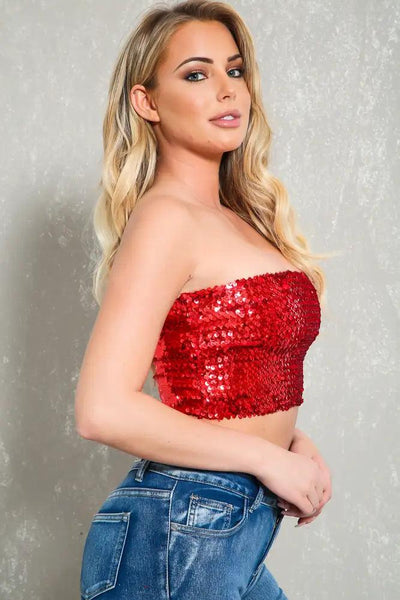 Sexy Red Sequin Bandeau Top - AMIClubwear