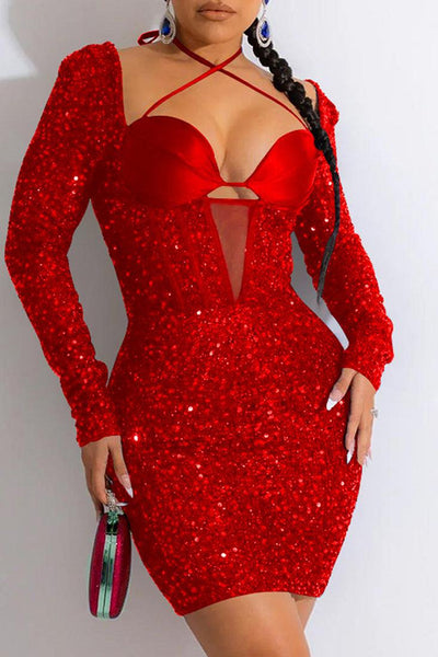 Sexy Red Sequin Mesh Long Sleeve Halter Party Dress - AMIClubwear