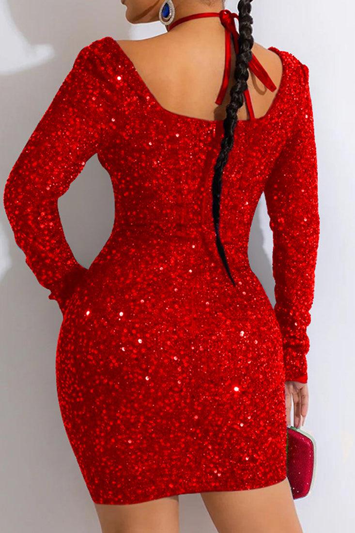 Sexy Red Sequin Mesh Long Sleeve Halter Party Dress - AMIClubwear