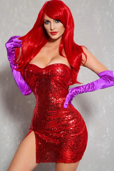 Sexy Red Sequin Strapless Two Piece Jessica Costume - AMIClubwear