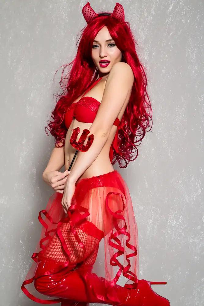 Sexy Red Sequins 4Pc Red Devil Costume - AMIClubwear
