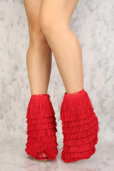 Sexy Red Shaggy Open Toe Mid Calf High Heels Booties - AMIClubwear