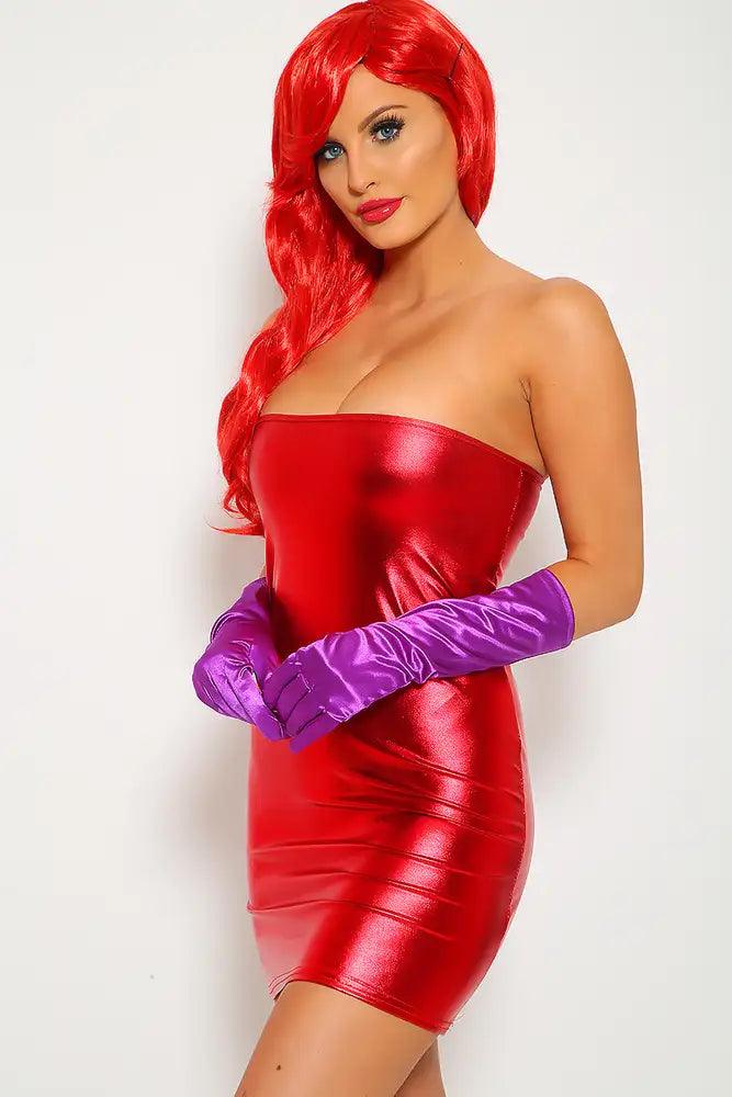 Sexy Red Shiny Strapless Two Piece Jessica Costume - AMIClubwear