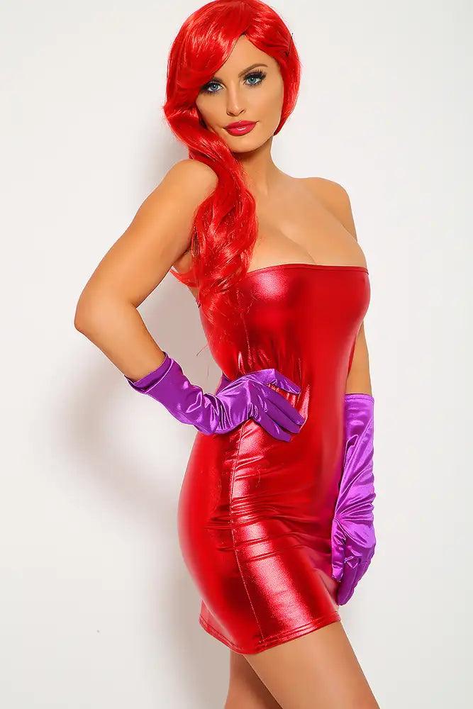 Sexy Red Shiny Strapless Two Piece Jessica Costume - AMIClubwear