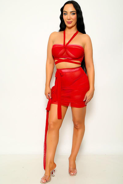 Sexy Red Strappy Mesh Top With Skirt 2 Pc Set - AMIClubwear