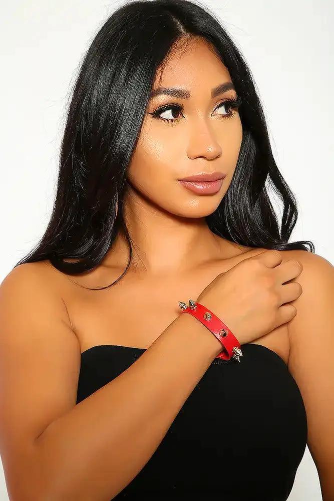 Sexy Red Studded Faux Leather Bracelet Costume Accessory