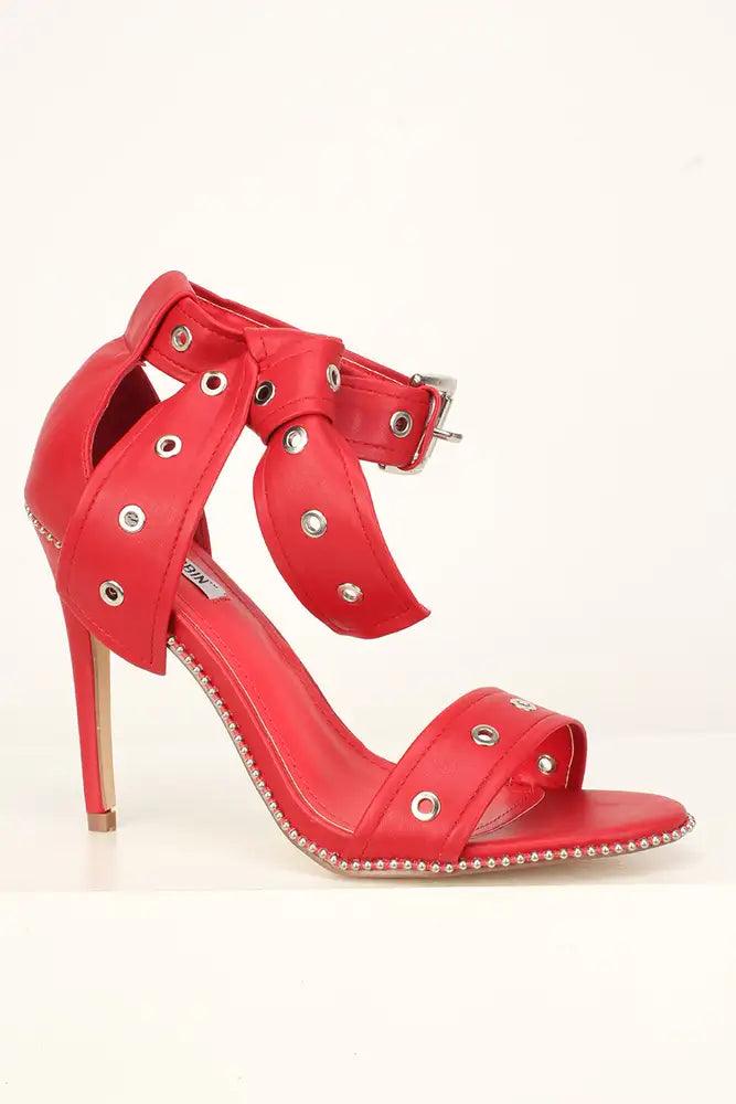 Sexy Red Studded Open Toe Single Sole High Heels Faux Leather - AMIClubwear