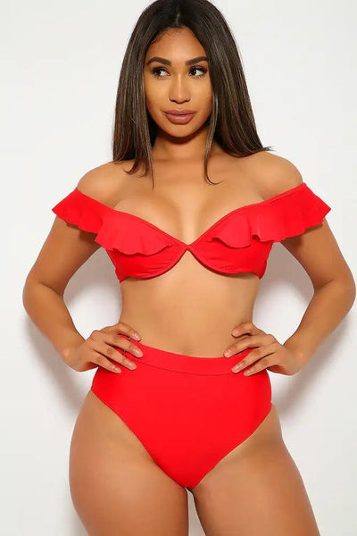 Sexy Red Two Piece Ruffled Off The Shoulder Swimsuit - AMIClubwear