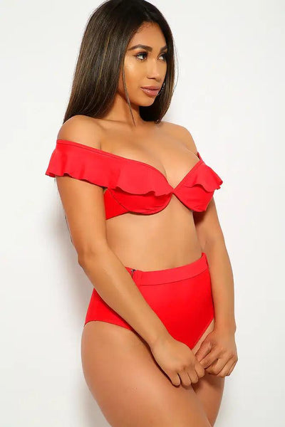 Sexy Red Two Piece Ruffled Off The Shoulder Swimsuit - AMIClubwear