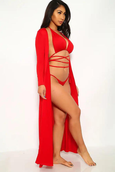 Sexy Red Two Piece Swimsuit Cardigan Set - AMIClubwear